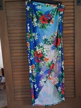 Boston Proper Blue Tropical Floral Midi Length Skirt
